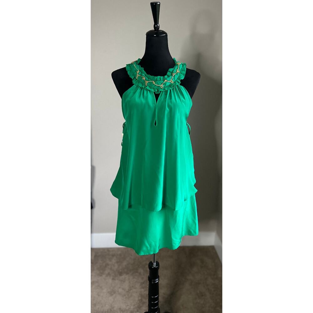 MEGHAN. LOS ANGELES Women's Kelly Green Gold Tie Side Halter Silk Dress Size 4